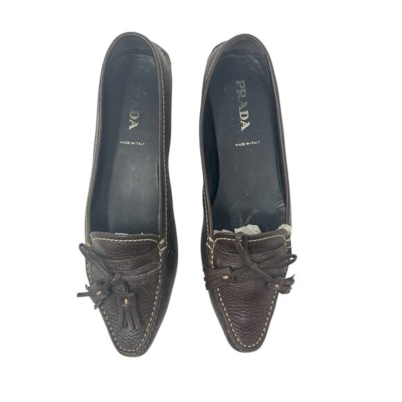 Prada Vintage Driving Shoe Loafer Flats Pebble Leather Tassel Brown Size 37 US 7 - Picture 2 of 15